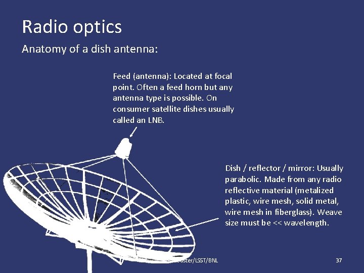 Radio optics Anatomy of a dish antenna: Feed (antenna): Located at focal point. Often