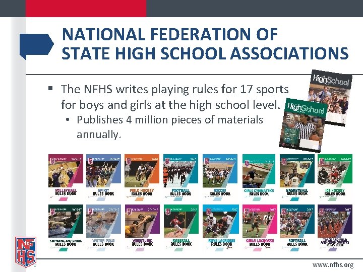 NATIONAL FEDERATION OF STATE HIGH SCHOOL ASSOCIATIONS § The NFHS writes playing rules for