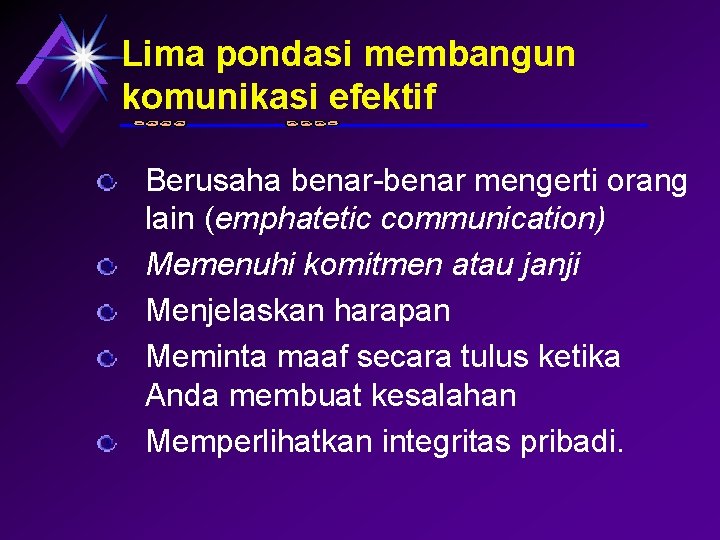 Lima pondasi membangun komunikasi efektif Berusaha benar-benar mengerti orang lain (emphatetic communication) Memenuhi komitmen