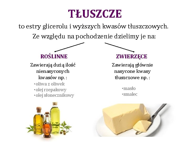  TŁUSZCZE to estry glicerolu i wyższych kwasów tłuszczowych. Ze względu na pochodzenie dzielimy