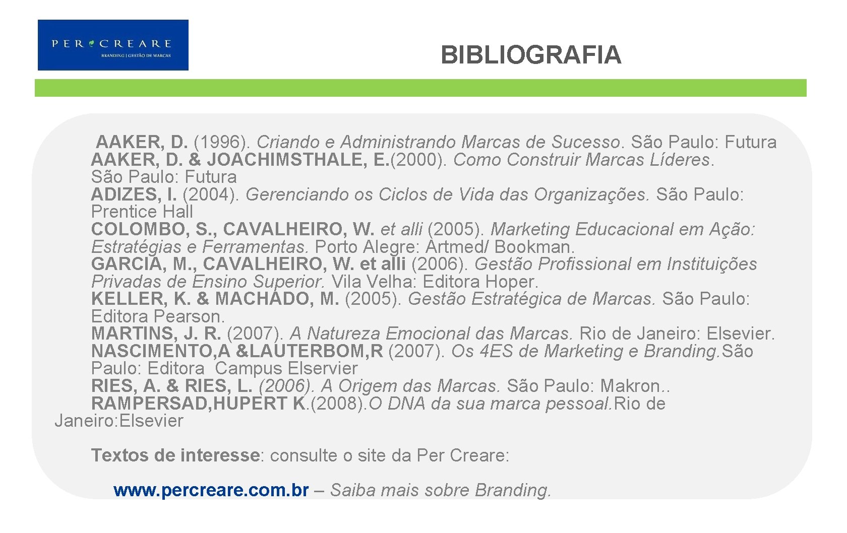 BIBLIOGRAFIA AAKER, D. (1996). Criando e Administrando Marcas de Sucesso. São Paulo: Futura AAKER,