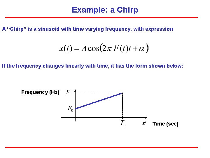 Example: a Chirp A “Chirp” is a sinusoid with time varying frequency, with expression