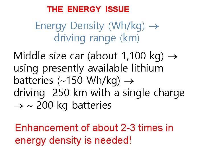 THE ENERGY ISSUE Energy Density (Wh/kg) driving range (km) Middle size car (about 1,