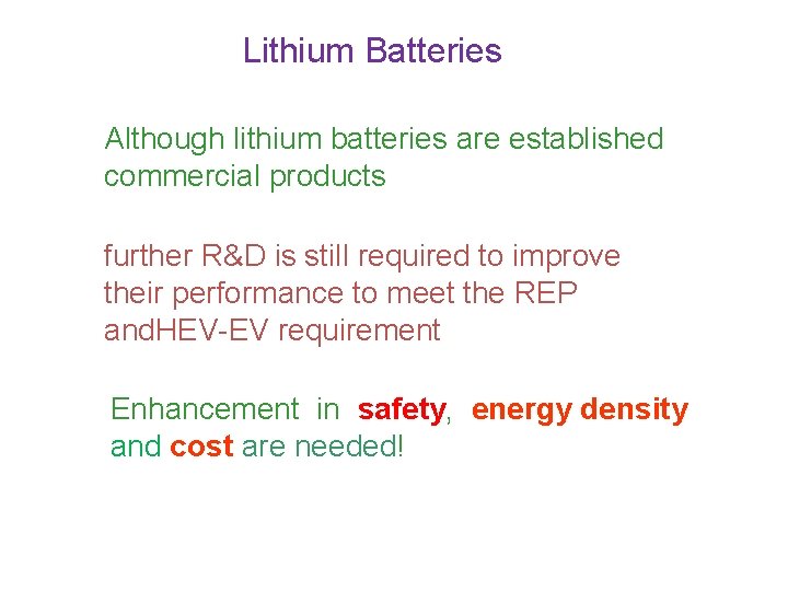 Lithium Batteries Although lithium batteries are established commercial products further R&D is still required