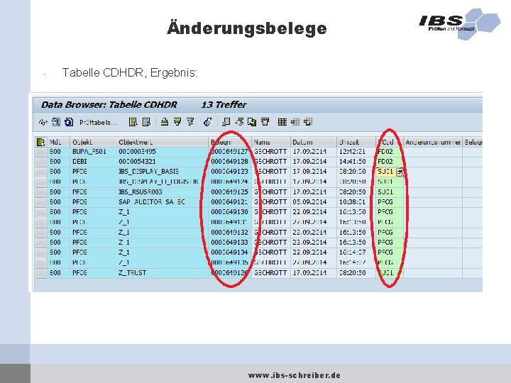 Änderungsbelege - Tabelle CDHDR, Ergebnis: www. ibs-schreiber. de 