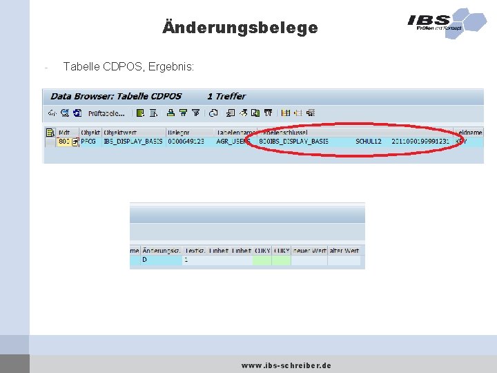 Änderungsbelege - Tabelle CDPOS, Ergebnis: www. ibs-schreiber. de 