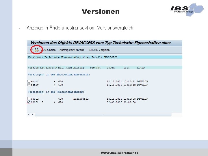 Versionen - Anzeige in Änderungstransaktion, Versionsvergleich: www. ibs-schreiber. de 