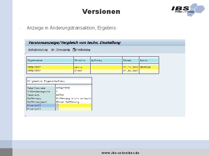 Versionen - Anzeige in Änderungstransaktion, Ergebnis: www. ibs-schreiber. de 