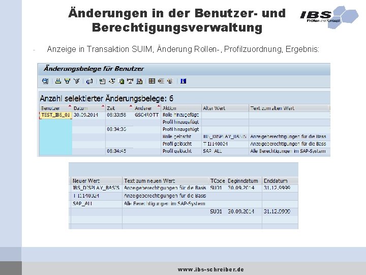 Änderungen in der Benutzer- und Berechtigungsverwaltung - Anzeige in Transaktion SUIM, Änderung Rollen-, Profilzuordnung,