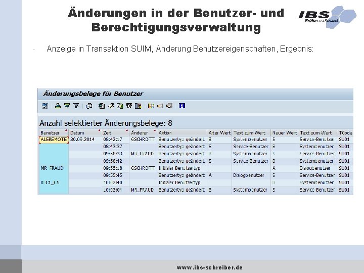 Änderungen in der Benutzer- und Berechtigungsverwaltung - Anzeige in Transaktion SUIM, Änderung Benutzereigenschaften, Ergebnis: