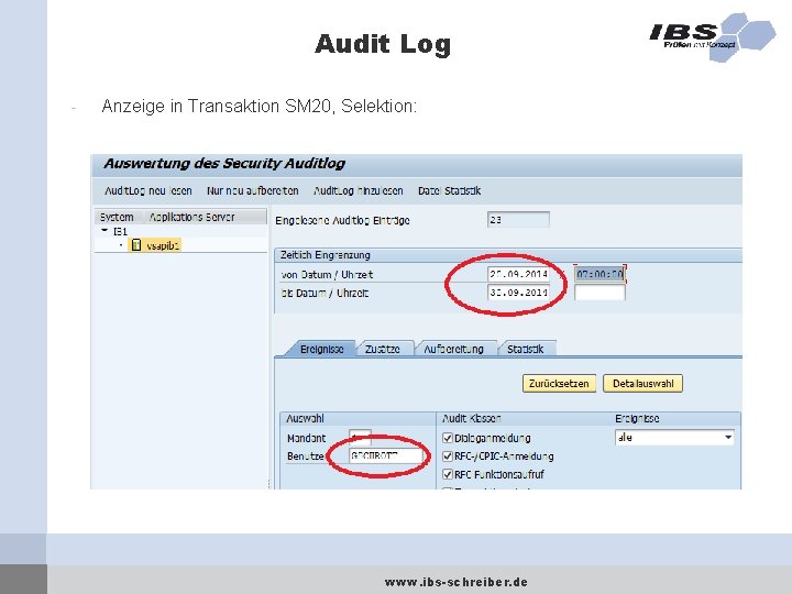 Audit Log - Anzeige in Transaktion SM 20, Selektion: www. ibs-schreiber. de 