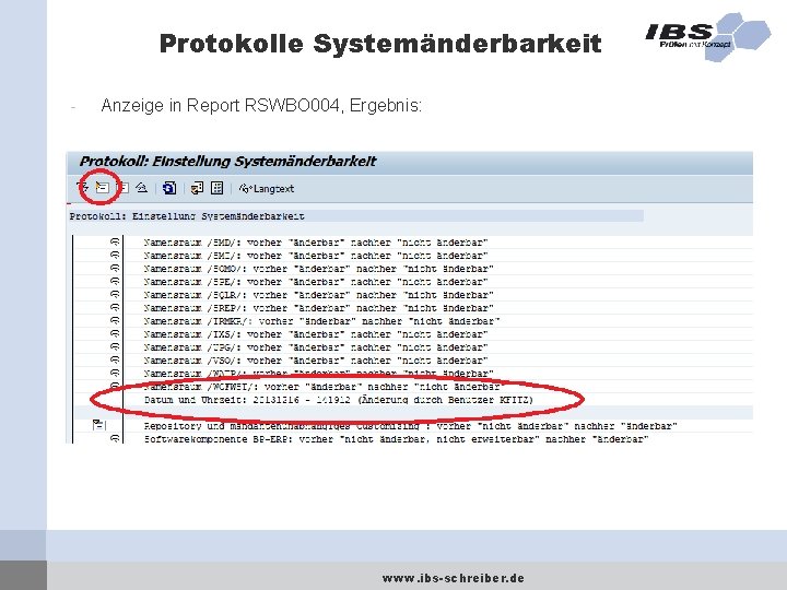 Protokolle Systemänderbarkeit - Anzeige in Report RSWBO 004, Ergebnis: www. ibs-schreiber. de 