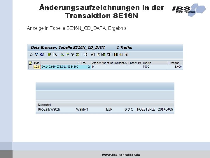 Änderungsaufzeichnungen in der Transaktion SE 16 N - Anzeige in Tabelle SE 16 N_CD_DATA,