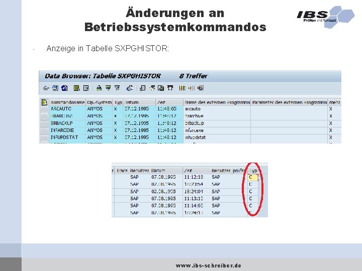 Änderungen an Betriebssystemkommandos - Anzeige in Tabelle SXPGHISTOR: www. ibs-schreiber. de 