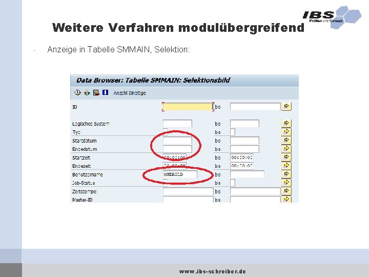 Weitere Verfahren modulübergreifend - Anzeige in Tabelle SMMAIN, Selektion: www. ibs-schreiber. de 