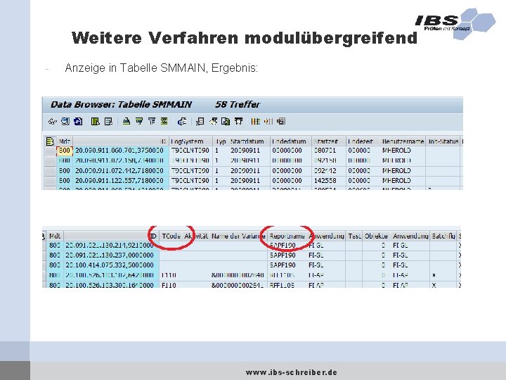 Weitere Verfahren modulübergreifend - Anzeige in Tabelle SMMAIN, Ergebnis: www. ibs-schreiber. de 