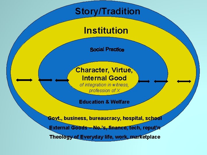 Story/Tradition Institution Character, Virtue, Internal Good of integration in witness, profession of X Education
