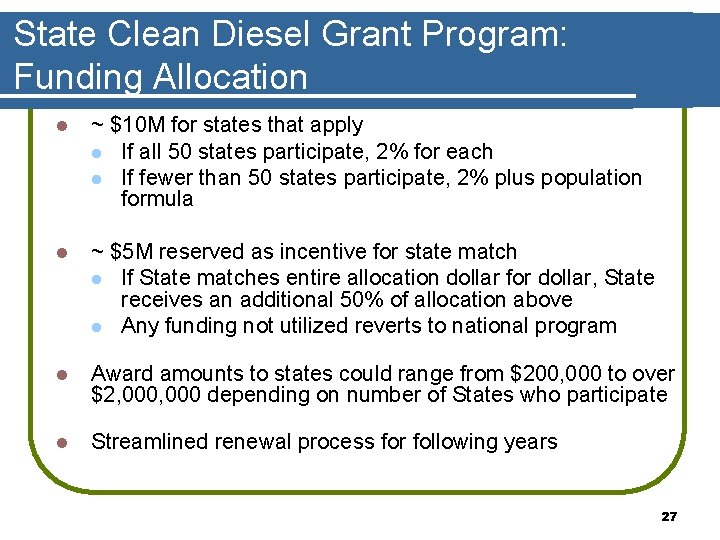 State Clean Diesel Grant Program: Funding Allocation l ~ $10 M for states that