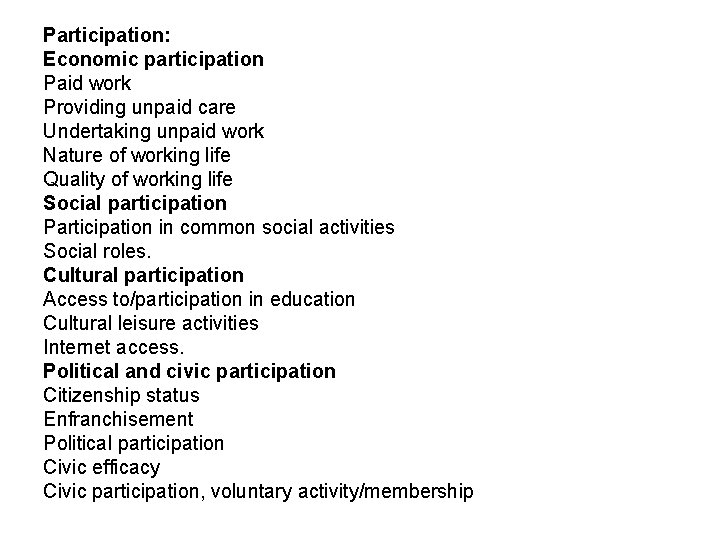 Participation: Economic participation Paid work Providing unpaid care Undertaking unpaid work Nature of working