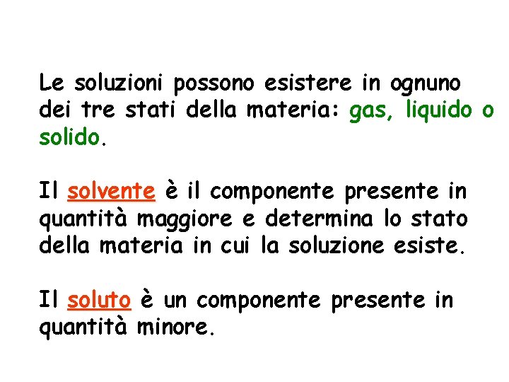Le soluzioni possono esistere in ognuno dei tre stati della materia: gas, liquido o