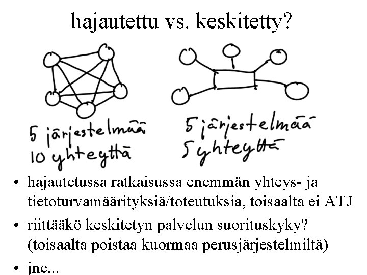 hajautettu vs. keskitetty? • hajautetussa ratkaisussa enemmän yhteys- ja tietoturvamäärityksiä/toteutuksia, toisaalta ei ATJ •