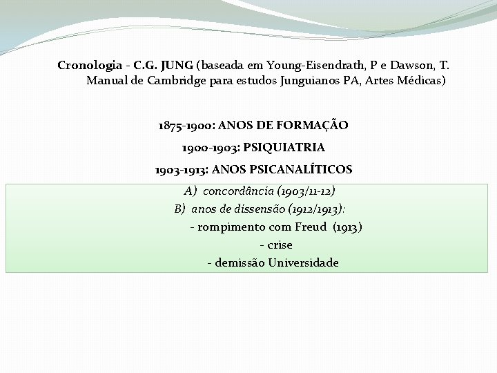 Cronologia - C. G. JUNG (baseada em Young-Eisendrath, P e Dawson, T. Manual de