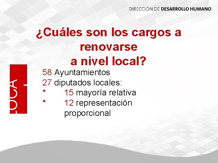 LOCAL L ¿Cuáles son los cargos a renovarse a nivel local? 58 Ayuntamientos 27