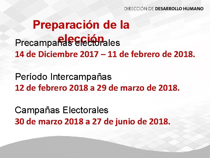 Preparación de la elección Precampañas electorales 14 de Diciembre 2017 – 11 de febrero