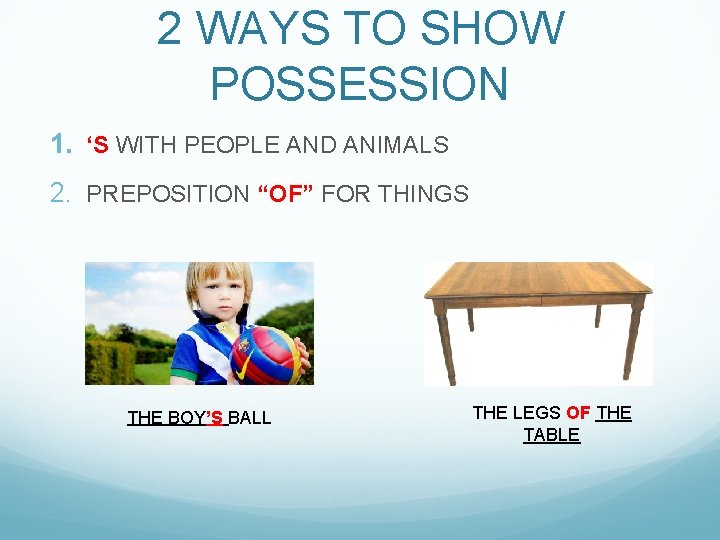 2 WAYS TO SHOW POSSESSION 1. ‘S WITH PEOPLE AND ANIMALS 2. PREPOSITION “OF”