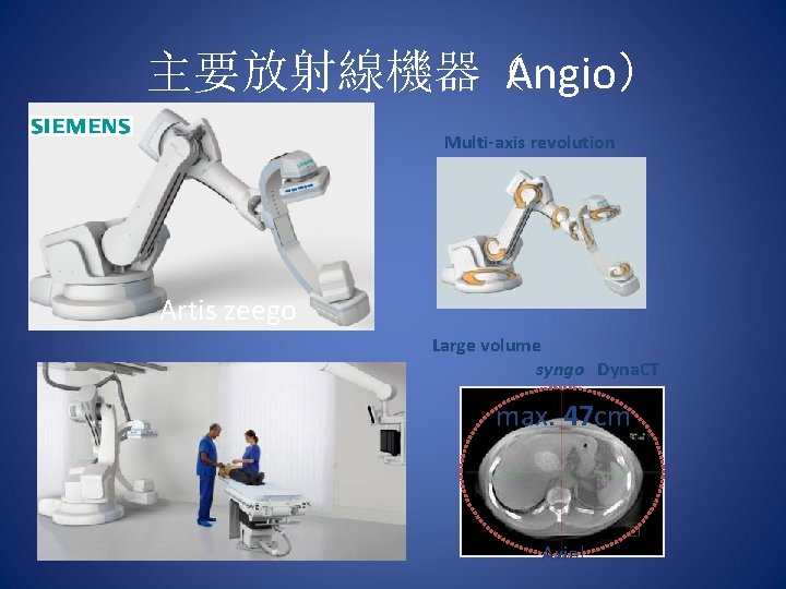 主要放射線機器（ Angio） Multi-axis revolution Artis zeego Large volume 　　　　syngo　Dyna. CT max. 47 cm Axial