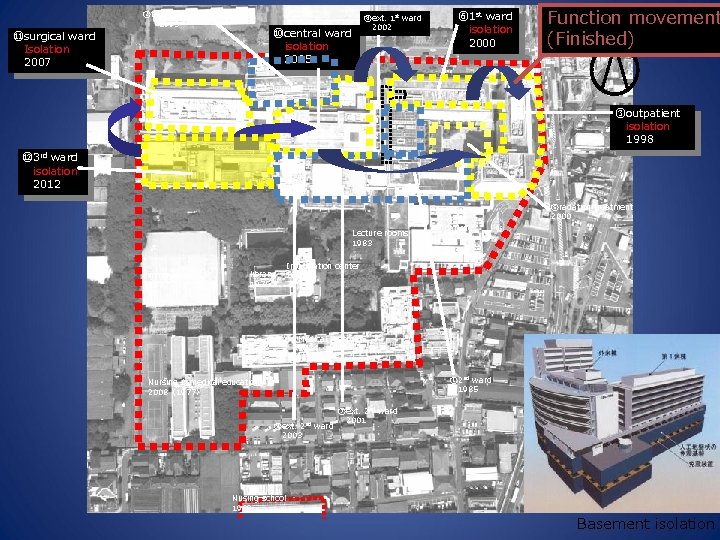 ⑪surgical ward Isolation 2007 ②trauma center 　　1993 ⑧ext. 1 st ward 　2002 ⑩central ward