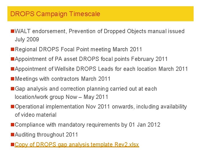 DROPS Campaign Timescale n. WALT endorsement, Prevention of Dropped Objects manual issued July 2009