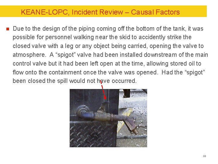 KEANE-LOPC, Incident Review – Causal Factors n Due to the design of the piping