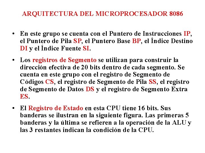 ARQUITECTURA DEL MICROPROCESADOR 8086 • En este grupo se cuenta con el Puntero de