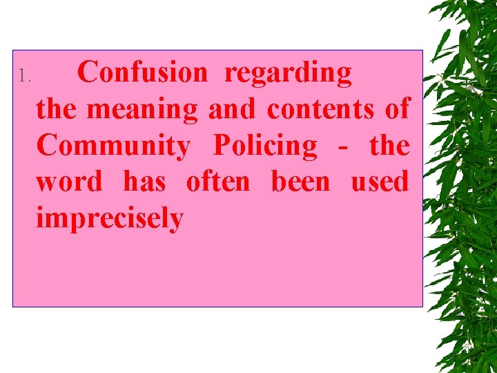 1. Confusion regarding the meaning and contents of Community Policing - the word has