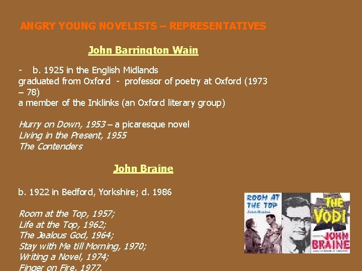 ANGRY YOUNG NOVELISTS – REPRESENTATIVES John Barrington Wain - b. 1925 in the English