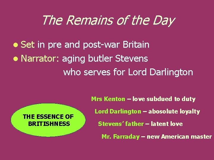 The Remains of the Day l Set in pre and post-war Britain l Narrator: