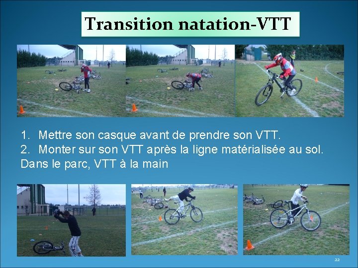 Transition natation-VTT 1. Mettre son casque avant de prendre son VTT. 2. Monter sur