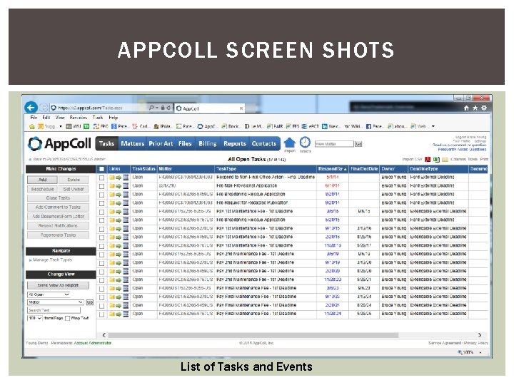 APPCOLL SCREEN SHOTS List of Tasks and Events 