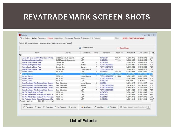 REVATRADEMARK SCREEN SHOTS List of Patents 