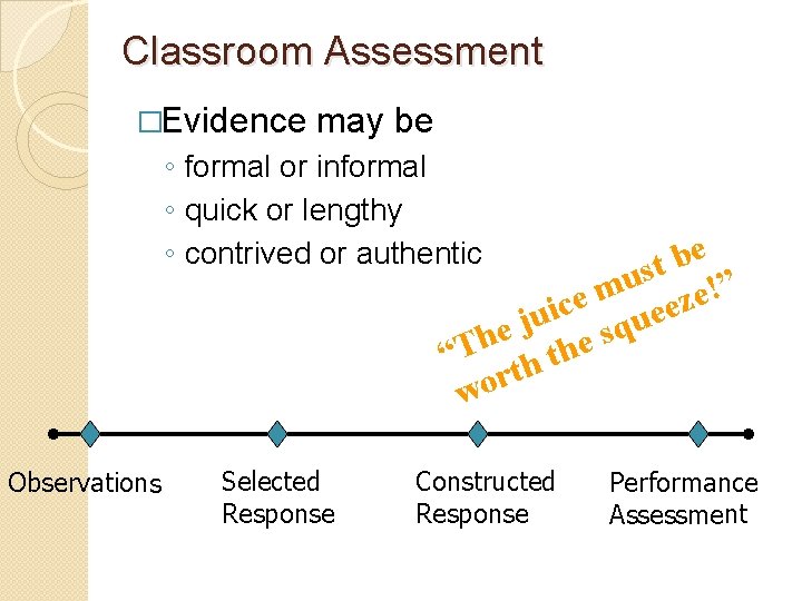 Classroom Assessment �Evidence may be ◦ formal or informal ◦ quick or lengthy ◦