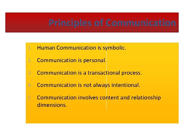 Principles of Communication 1. Human Communication is symbolic. 2. Communication is personal. 3. Communication