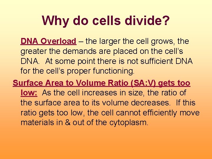 Why do cells divide? DNA Overload – the larger the cell grows, the greater