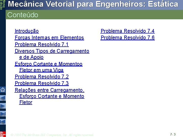 Nona Edição Mecânica Vetorial para Engenheiros: Estática Conteúdo Introdução Forças Internas em Elementos Problema