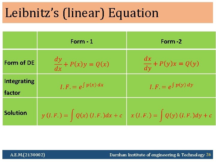Leibnitz’s (linear) Equation Form - 1 Form -2 Form of DE Integrating factor Solution