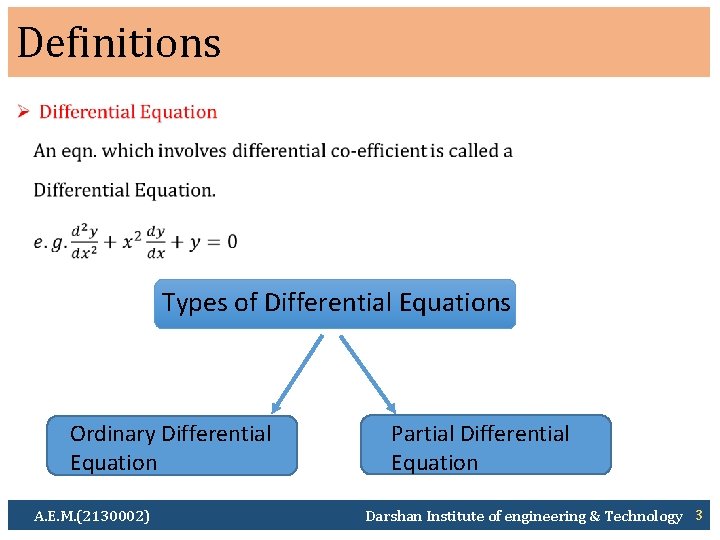 Definitions Ø Types of Differential Equations Ordinary Differential Equation Partial Differential Equation A. E.