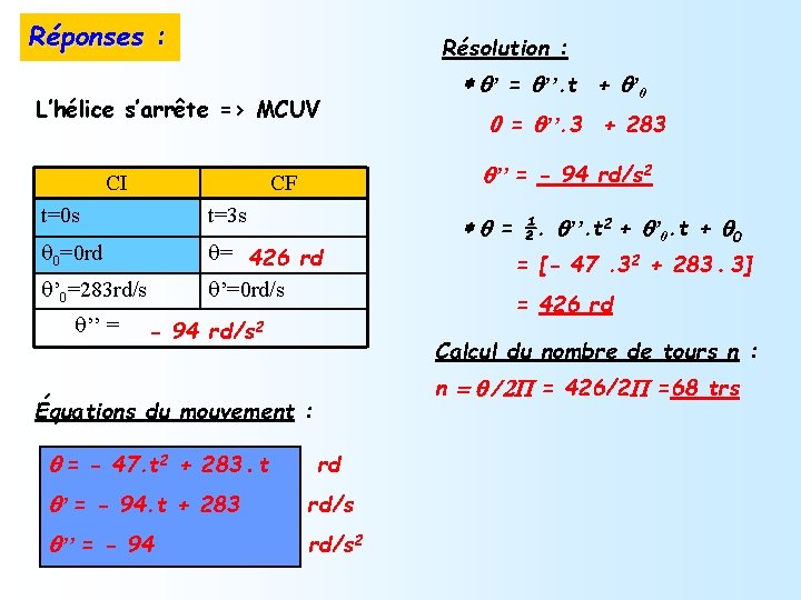 Réponses : Résolution : L’hélice s’arrête => MCUV CI t=0 s t=3 s q