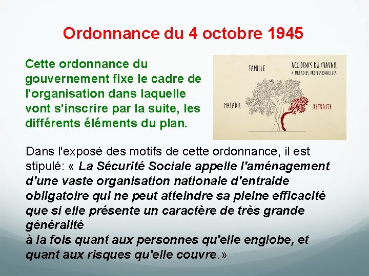 Ordonnance du 4 octobre 1945 Cette ordonnance du gouvernement fixe le cadre de l'organisation
