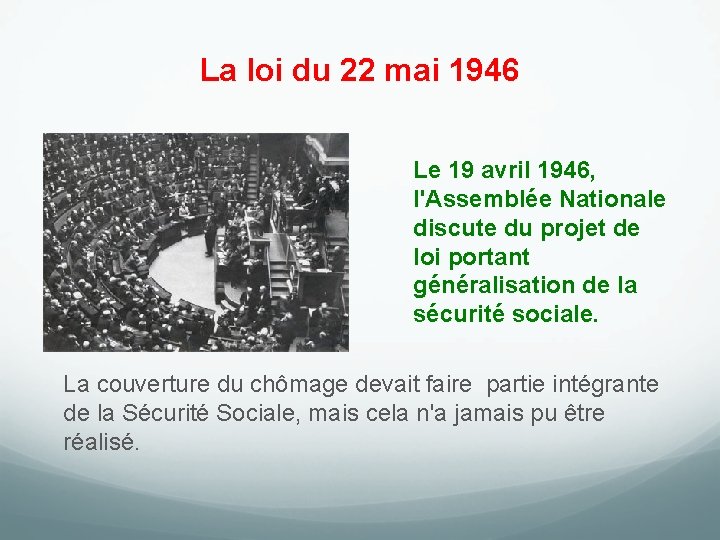 La loi du 22 mai 1946 Le 19 avril 1946, l'Assemblée Nationale discute du