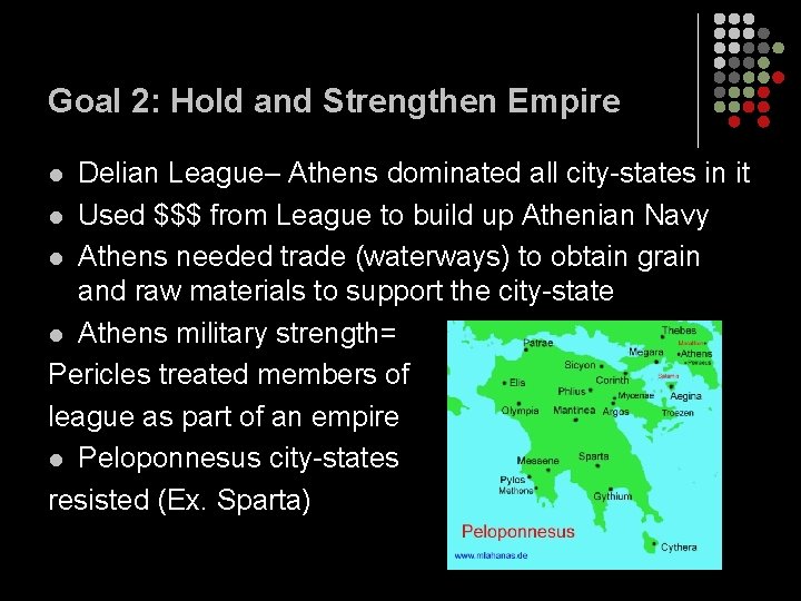 Goal 2: Hold and Strengthen Empire Delian League– Athens dominated all city-states in it